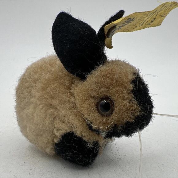 Vtg Steiff Woolen Rabbit Brown Spotted 1960s ID Button Tag Wool Pom Pom 2" - Picture 1 of 5